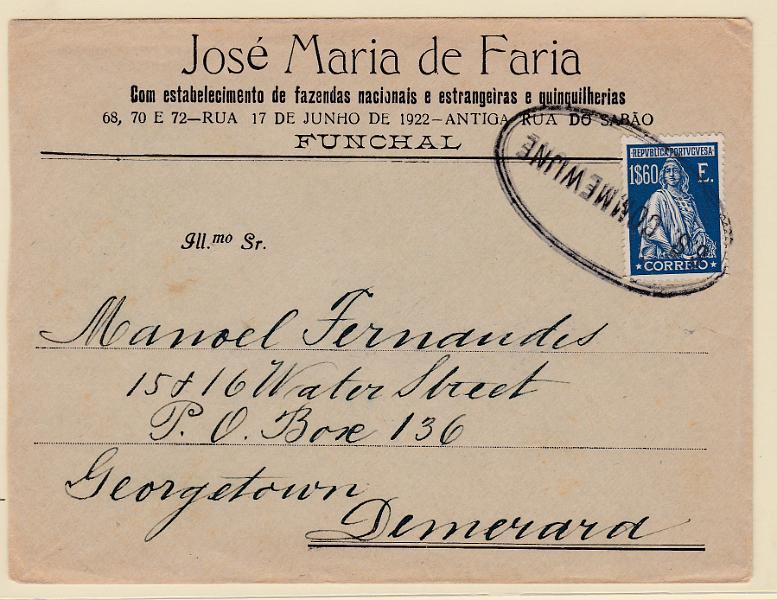 0472.jpg -     Lote:    472      Correio Marítimo             Descrição:         Correio marítimo. Marca dos paquetes holandeses. 1926 &mdash; Ceres. Emissão Londres. CE414, 1$60 em sobrescrito lançado a bordo de paquete para Demerara. Marca do paquete batida a preto "S.S. COMMEWIJNE.        Carta       Valor Base:     &euro; 75,00     Valor Venda:     Retirado     