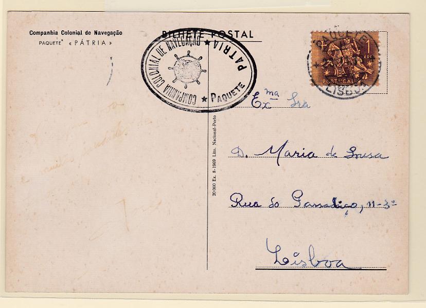 0474.jpg -     Lote:    474      Correio Marítimo             Descrição:         Correio marítimo. Carimbos de Paquetes Portugueses. Postal ilustrado do paquete "Pátria" lançado na caixa de correio a bordo do paquete com destino a Lisboa (28.11.70) com selo de 1$00 tipo Cavaleiro Medieval. Carimbo batido a preto "COMPANHIA COLONIAL DE NAVEGAÇÃO / PAQUETE PATRIA".        PI       Valor Base:     &euro; 15,00     Valor Venda:     Retirado     