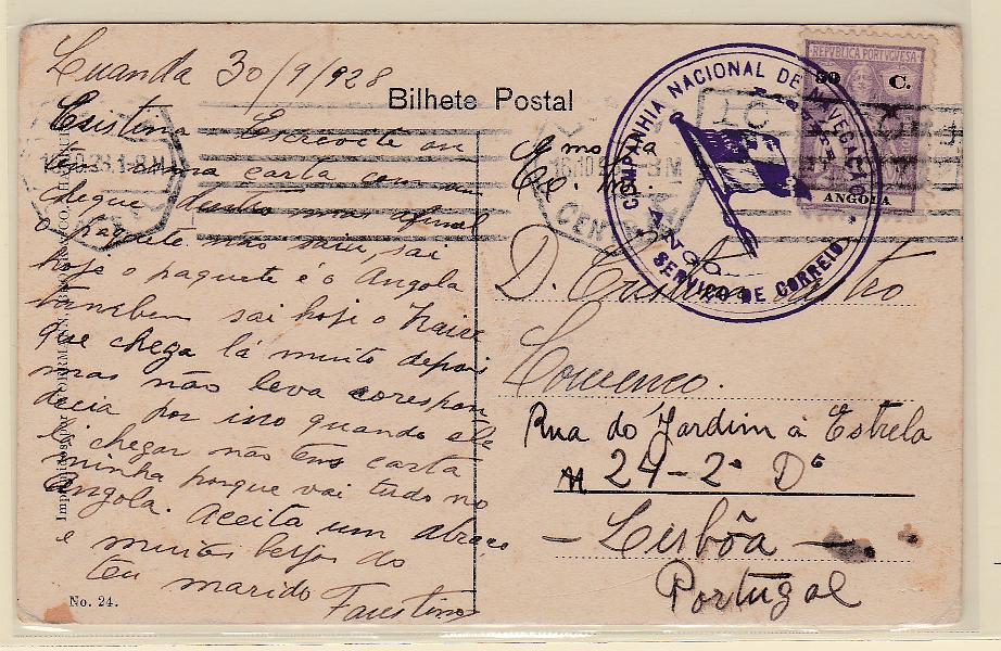 0479.jpg -     Lote:    479      Correio Marítimo             Descrição:         Correio marítimo. Marcas dos Paquetes Portugueses. Postal ilustrado lançado a bordo de paquete em Luanda (30.09.28) para Lisboa (16.10.28) com selo Ceres de 50C CE216. Marca de denominação de origem de Lisboa batida a preto "PAQUETE / PAQUEBOT" e marca do paquete a violeta "COMPANHIA NACIONAL DE NAVEGAÇÃO / SERVIÇO DE CORREIO / PAQUETE / ANGOLA". MB e MR.        PI       Valor Base:     &euro; 75,00     Valor Venda:     &euro; 100,00       