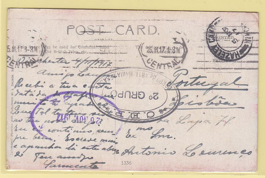 0504.jpg -     Lote:    504      Correio Militar             Descrição:         1914/18 &mdash; 1.ª Guerra Mundial. Postal ilustrado circulado isento de franquia de Hazeley (05.11.17) para Lisboa. Carimbo a preto "C.E.P. / CORPO DE ARTILHARIA PESADA / 2.º GRUPO".        PI       Valor Base:     &euro; 10,00     Valor Venda:     Retirado     