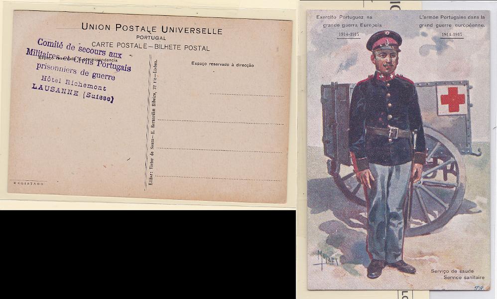 0505.jpg -     Lote:    505      Correio Militar             Descrição:         1914/19 &mdash; 1.ª Guerra Mundial. Postal ilustrado editado por Victor de Sousa * Lisboa e assinado "Moraes", alusivo à participação de Portugal na grande guerra, com carimbo batido a violeta "COMITÉ DE SECOURS AUX / MILITAIRES ET CIVILS PORTUGAIS / PRISIONIERS DE GUERRE / HÔTEL RICHEMONT / LAUSANNE (SUISSE).        PI       Valor Base:     &euro; 12,00     Valor Venda:     &euro; 24,00       