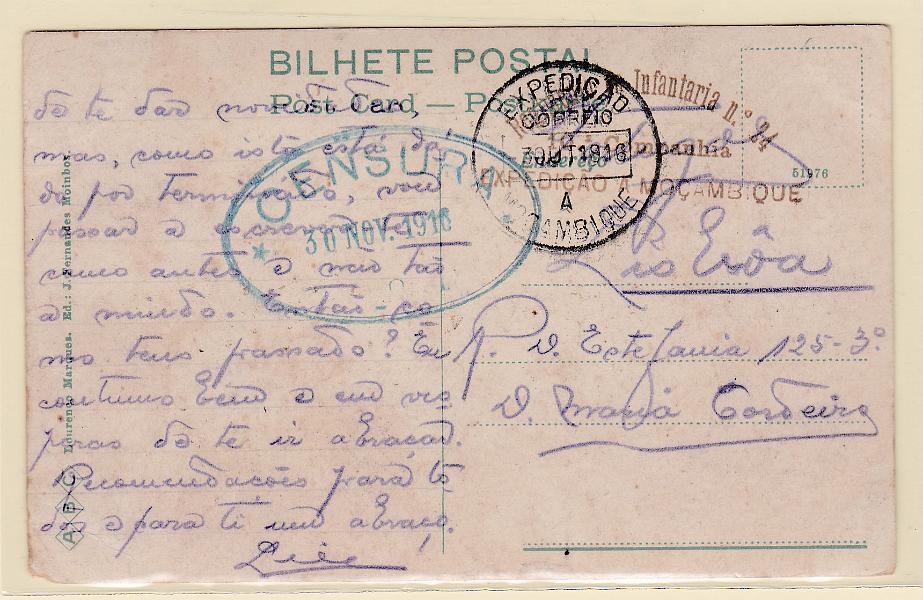 0507.jpg -     Lote:    507      Correio Militar             Descrição:         1914/19 &mdash; 1.ª Guerra Mundial. Expedição a Moçambique. Postal ilustrado circulado isento de franquia e Moçambique (07.10.16) para Lisboa (30.11.16). Carimbo datado da expedição batido a preto "EXPEDIÇÃO A MOÇAMBIQUE / CORREIO" e carimbo da unidade militar a verde "REGIMENTO DE INFANTARIA N.º 24 / 10.ª COMPANHIA / EXPEDIÇÃO A MOÇAMBIQUE".        PI       Valor Base:     &euro; 35,00     Valor Venda:     Retirado     