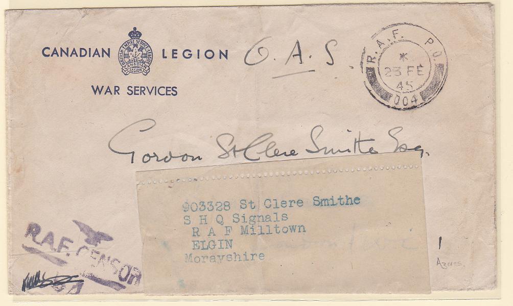 0509.jpg -     Lote:    509      Correio Militar             Descrição:         1939/45 &mdash; 2.ª Guerra Mundial. Tropas inglesas da RAF estacionadas nos Açores. Sobrescrito circulado dos Açores * RAF PO oo4 (23.02.45) para Sydenham (02.03.45) e reendereçado para Elgin. Censurado. Carimbo a violeta "R.A.F. CENSOR".        Carta       Valor Base:     &euro; 40,00     Valor Venda:     &euro; 40,00       