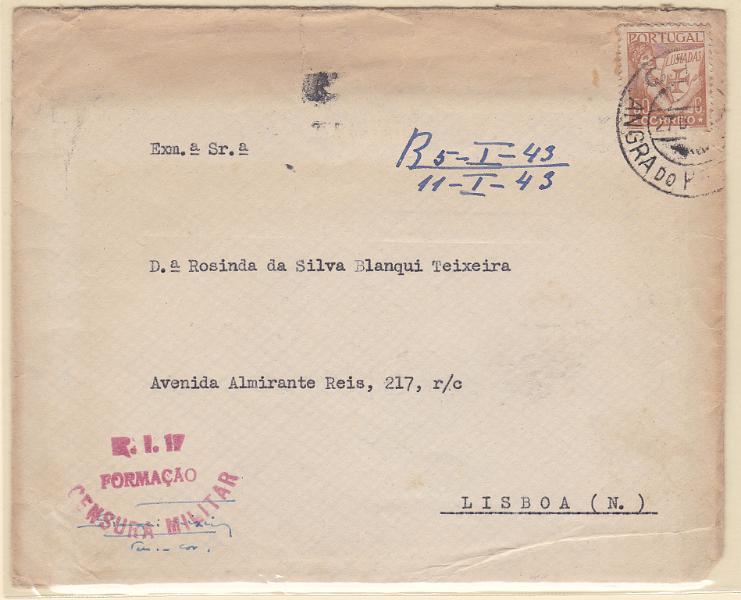 0510.jpg -     Lote:    510      Correio Militar             Descrição:         1939/45 &mdash; 2.ª Guerra Mundial. Censuras. Sobrescrito circulado com selo tipo Lusíadas de 50C de Angra do Heroísmo (27.12.42) para Lisboa (05.01.43). Carimbo a vermelho "R.I. 17 / FORMAÇÃO / CENSURA MILITAR".        Carta       Valor Base:     &euro; 20,00     Valor Venda:     Retirado     