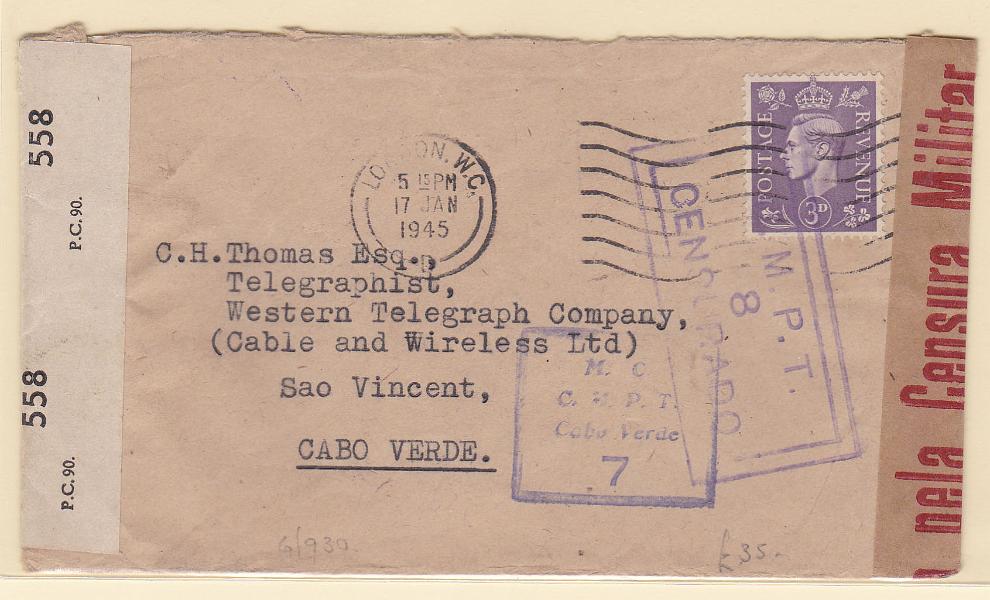 0514.jpg -     Lote:    514      Correio Militar             Descrição:         1939/45 &mdash; 2.ª Guerra Mundial. Censuras. Sobrescrito circulado de Londres (17.01.45) para S. Vicente (08.03.45), com trânsito por Lisboa onde foi censurado (cinta e carimbo). Censurado em Cabo Verde. Carimbo a violeta "M.G. / C.M.P.T. / CABO VERDE / 7".        Carta       Valor Base:     &euro; 30,00     Valor Venda:     Retirado     