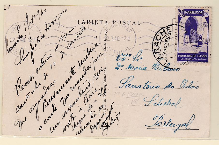 0516.jpg -     Lote:    516      Correio Militar             Descrição:         1940 &mdash; Viriatos. Guerra Civil Espanhola. Postal ilustrado circulado de Larache (17.07.40) para Setúbal (22.07.40) com selo de 20c. Remetido pelo Capitão Júlio Domingos Borges Gaspar para sua irmã Maria Gaspar Ribeiro. Prestava serviço no 3.º Tércio da Legião ou Tércio Dom Juam de Áustria sediado em Larache &mdash; Marrocos.        PI       Valor Base:     &euro; 150,00     Valor Venda:     &euro; 220,00       
