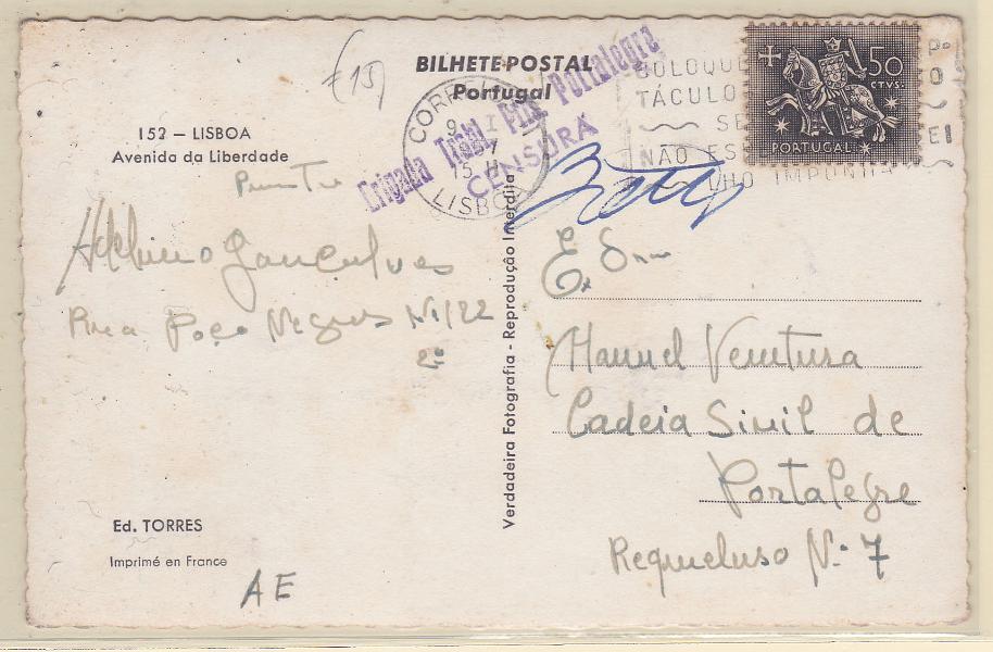 0517.jpg -     Lote:    517      Correio Militar             Descrição:         Censuras políticas e civis. Postal ilustrado circulado com selo de $50 Cavaleiro Medieval de Lisboa (09.01.57) para Portalegre. Censurado. Carimbo a violeta "BRIGADA TRABL. PRIS. PORTALEGRE / CENSURA".        PI       Valor Base:     &euro; 20,00     Valor Venda:     &euro; 20,00       