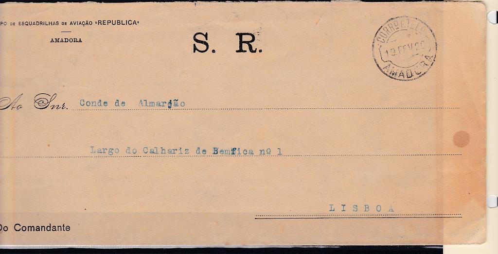 0519.jpg -     Lote:    519      Isentos de Franquia             Descrição:         Isentos de franquia. GRUPO DE ESQUADRILHAS DE AVIAÇÃO "REPUBLICA". Sobrescrito circulado isento de franquia de Amadora (19.02.20) para Lisboa (20.02.20).        Carta       Valor Base:     &euro; 30,00     Valor Venda:     Retirado     