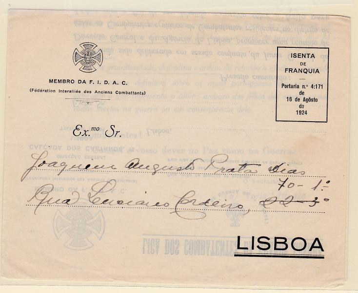 0521.jpg -     Lote:    521      Isentos de Franquia             Descrição:         Isentos de franquia. LIGA DOS COMBATENTES DA GRANDE GUERRA. Circular da Liga, circulada em Lisboa, isenta de franquia. Isenção impressa "ISENTA / DE / FRANQUIA / PORTARIA N.º 4:171 / DE / 16 AGOSTO / DE / 1924.        IMP       Valor Base:     &euro; 12,00     Valor Venda:     Retirado     