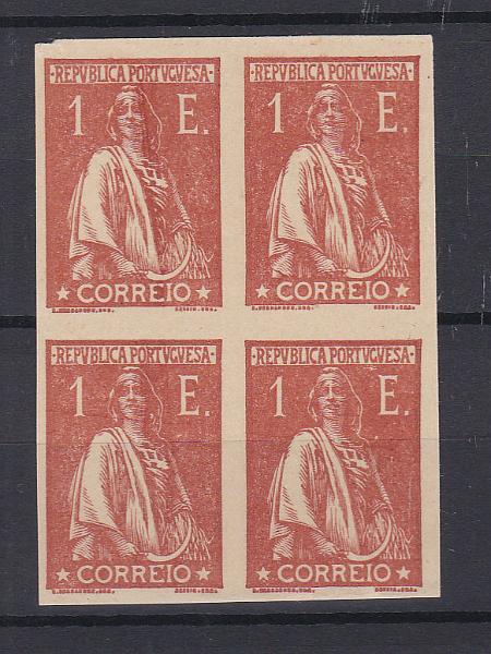 0535.jpg -     Lote:    535            Portugal        Descrição:         1920/22 &mdash; Ceres. CE248, 1E. Quadra de provas não denteadas em cor tijolo sobre papel cartolina.        PRV       Valor Base:     &euro; 20,00     Valor Venda:     Retirado     
