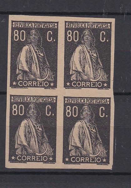 0544.jpg -     Lote:    544            Portugal        Descrição:         1930 &mdash; Ceres. Gravura retocada. CE507, 80C. Quadra de provas não denteadas em preto sobre papel pontinhado horizontal.        PRV       Valor Base:     &euro; 15,00     Valor Venda:     Retirado     