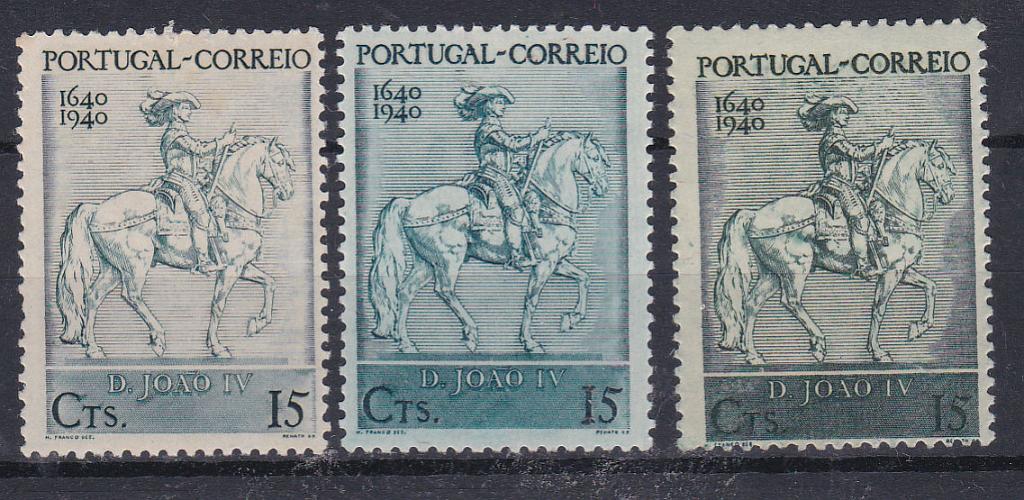 0563.jpg -     Lote:    563            Portugal        Descrição:         1940 &mdash; Centenário da Fundação e Restauração de Portugal. CE593, 15c. Lote com duas provas de cor com tonalidades verde, denteadas. Acompanha selo original para comparação.        PRV       Valor Base:     &euro; 10,00     Valor Venda:     &euro; 10,00       
