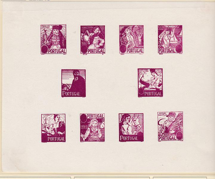 0568.jpg -     Lote:    568            Portugal        Descrição:         1934 &mdash; Costumes Portugueses * 1.ª emissão. CE 607/16. Bloco de provas com todos os selos da emissão medindo 188x150mm, em papel esmalte, na cor violeta, sem abertura dos valores no cunho.        PRV       Valor Base:     &euro; 20,00     Valor Venda:     &euro; 20,00       