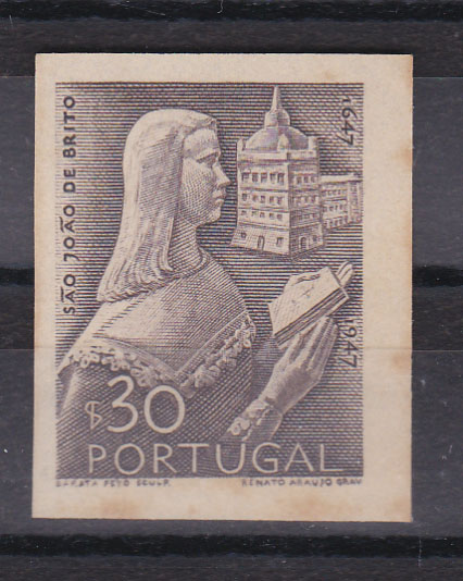 0572.jpg -     Lote:    572            Portugal        Descrição:         1948 &mdash; 3.º Centenário do Nascimento de S. João de Brito. CE 691, 30C. Prova não denteada em castanho.        PRV       Valor Base:     &euro; 8,00     Valor Venda:     Retirado     