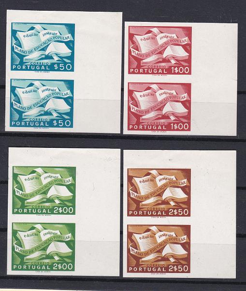 0577.jpg -     Lote:    577            Portugal        Descrição:         1954 &mdash; Educação Popular. CE746/49. Série completa em pares verticais de provas não denteadas, canto de folha, nas cores e papel aprovados.        PRV       Valor Base:     &euro; 20,00     Valor Venda:     &euro; 36,00       