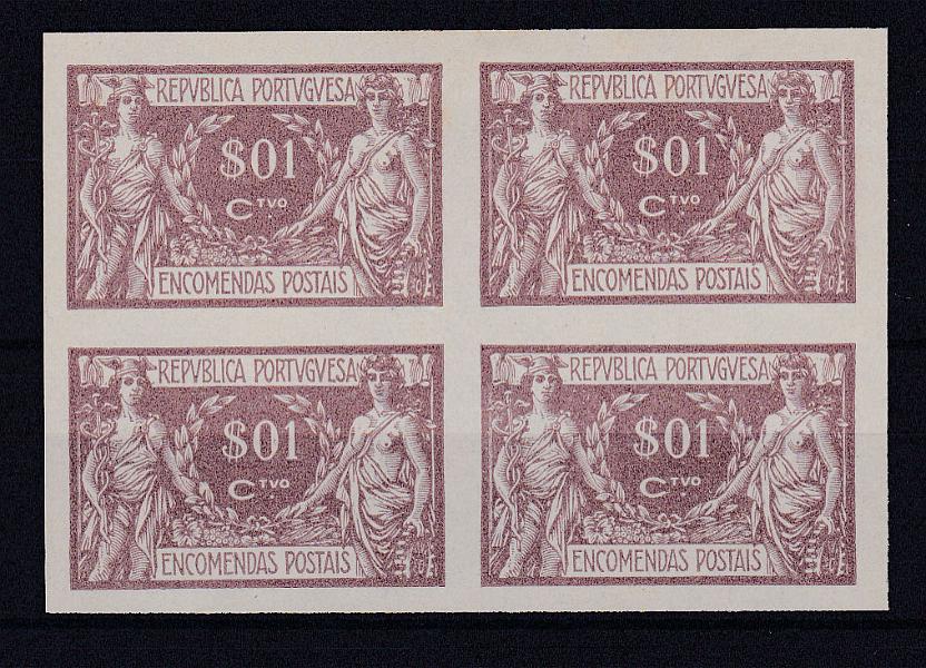 0591.jpg -     Lote:    591            Portugal        Descrição:         1920/22 &mdash; Encomendas Postais. Comércio e Indústria. CE EP1, $01 castanho. Quadra de provas não denteadas, na cor aprovada sobre papel liso muito fino, papel não aprovado.        PRV       Valor Base:     &euro; 12,00     Valor Venda:     &euro; 22,00       