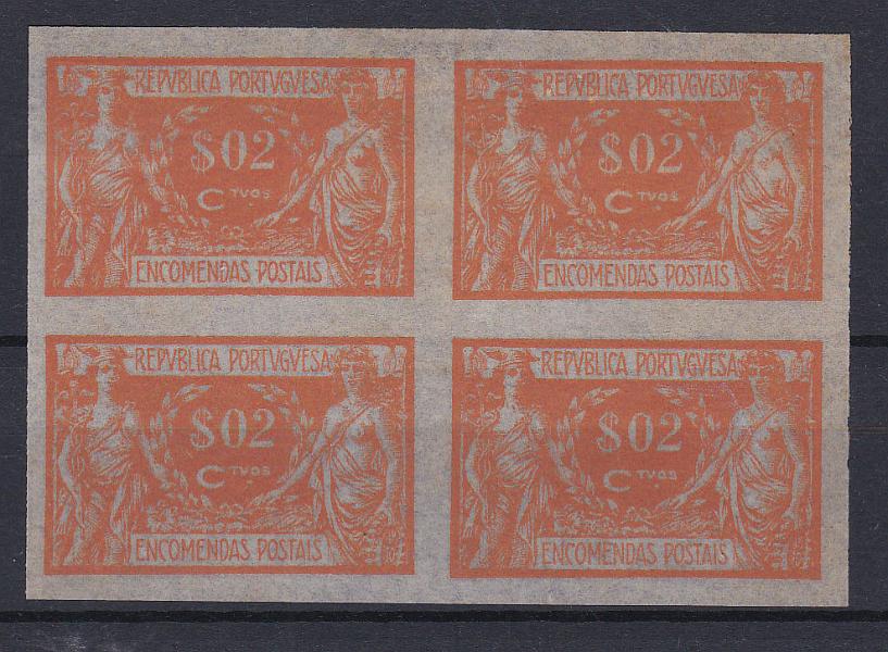 0592.jpg -     Lote:    592            Portugal        Descrição:         1920/22 &mdash; Encomendas Postais. Comércio e Indústria. CE EP2, $02 laranja. Quadra de provas não denteadas, na cor aprovada sobre papel liso muito fino, papel não aprovado.        PRV       Valor Base:     &euro; 12,00     Valor Venda:     &euro; 24,00       