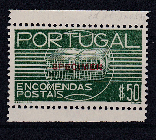 0594.jpg -     Lote:    594            Portugal        Descrição:         1936 &mdash; Encomendas Postais. Encomenda. CE EP18, $50. Prova denteada, de cor, em verde escuro (cor não aprovada), com sobrecarga a vermelho "SPECIMEN".        PRV       Valor Base:     &euro; 10,00     Valor Venda:     Retirado     