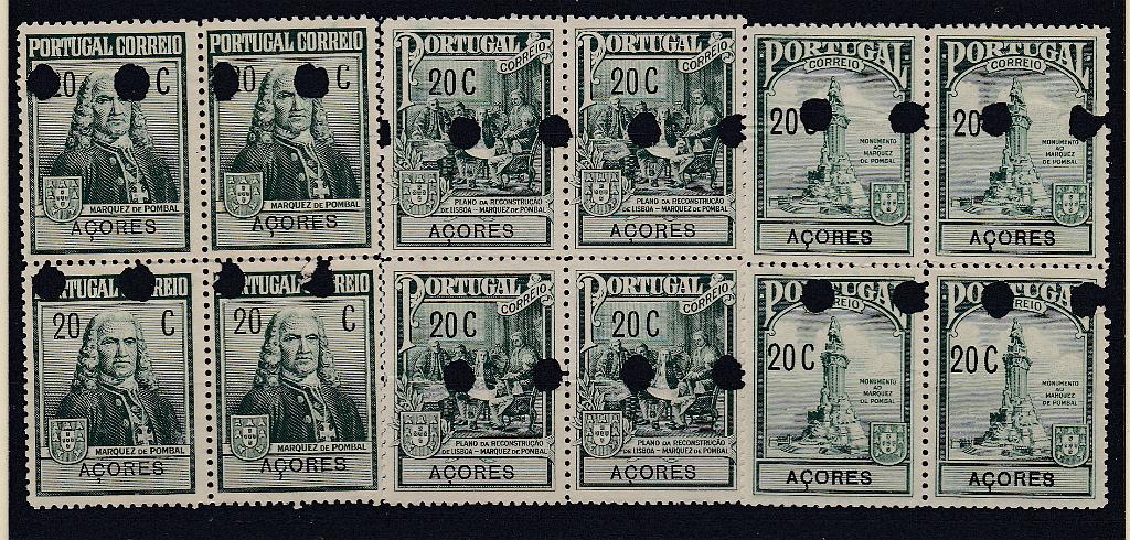0599.jpg -     Lote:    599            Açores       Descrição:         1925 &mdash; Imposto Postal. Monumento ao Marquês de Pombal. CE IP 14/16. Série completa em quadras de provas, do arquivo da casa impressora, nas cores aprovadas, com furos de segurança.        PRV       Valor Base:     &euro; 25,00     Valor Venda:     &euro; 25,00       