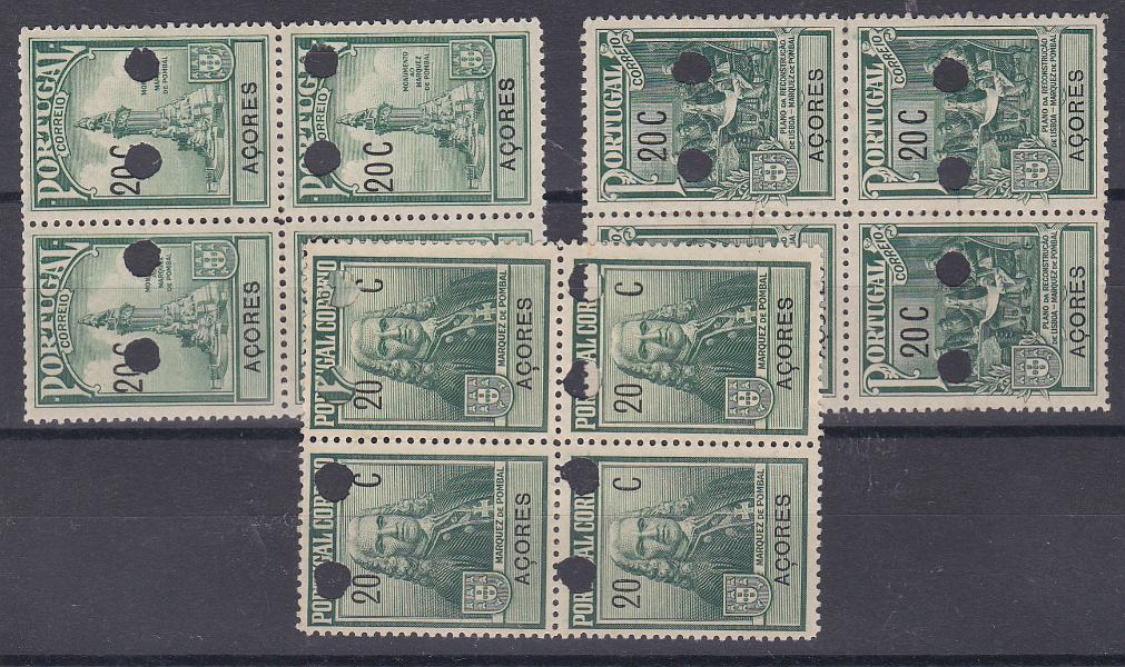 0600.jpg -     Lote:    600            Açores       Descrição:         1925 &mdash; Imposto Postal. Monumento ao Marquês de Pombal. CE IP14/16. Série completa de provas denteadas e em quadras, com impressão do valor e legenda, na cor verde, e com furos de segurança da casa impressora.        PRV       Valor Base:     &euro; 20,00     Valor Venda:     &euro; 20,00       