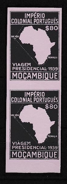 0623.jpg -     Lote:    623            Moçambique       Descrição:         1939 &mdash; Segunda Viagem Presidencial às Colónias. CE308, $80. Par vertical de provas não denteadas, nas cores aprovadas. B e R.        PRV       Valor Base:     &euro; 15,00     Valor Venda:     &euro; 15,00       
