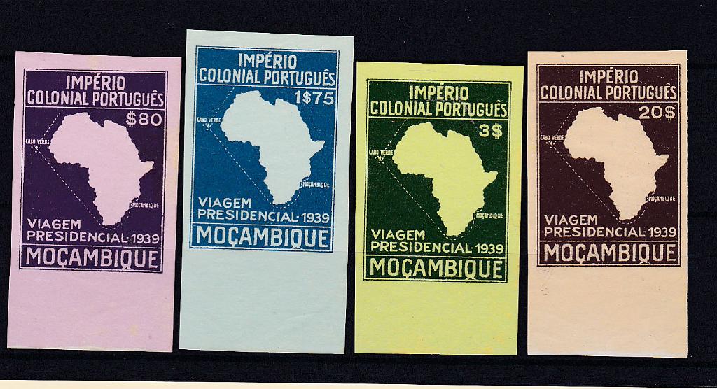 0624.jpg -     Lote:    624            Moçambique       Descrição:         1939 &mdash; Segunda Viagem Presidencial às Colónias. CE 308/11. Série completa de provas, nas cores aprovadas em papel porcelana médio, não denteadas, fundo de folha. MB e R.        PRV       Valor Base:     &euro; 20,00     Valor Venda:     &euro; 65,00       