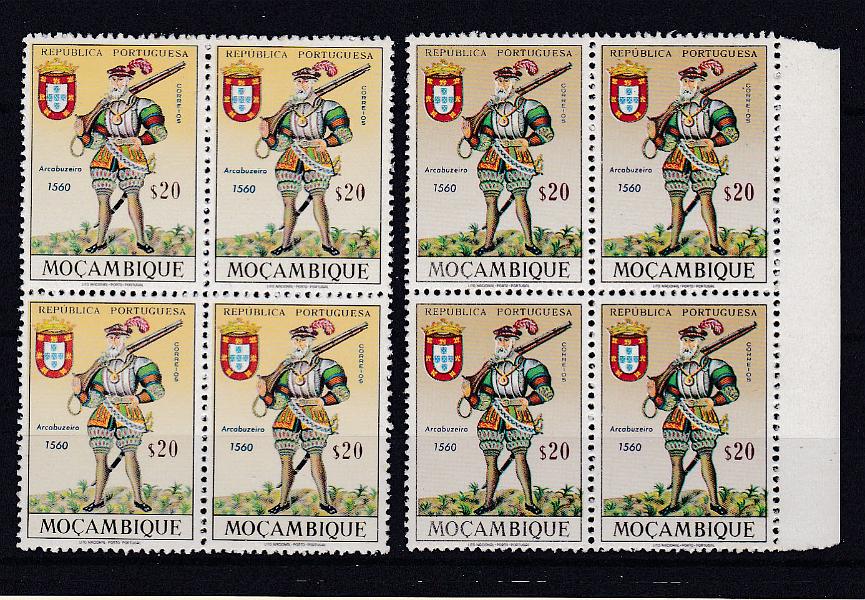 0625.jpg -     Lote:    625            Moçambique       Descrição:         1967 &mdash; Uniformes do Exército. CE490, $20. Quadra de provas de cor, denteadas e gomadas. Acompanha quadra do selo normal para comparação. MB e MR.        PRV       Valor Base:     &euro; 20,00     Valor Venda:     Retirado     