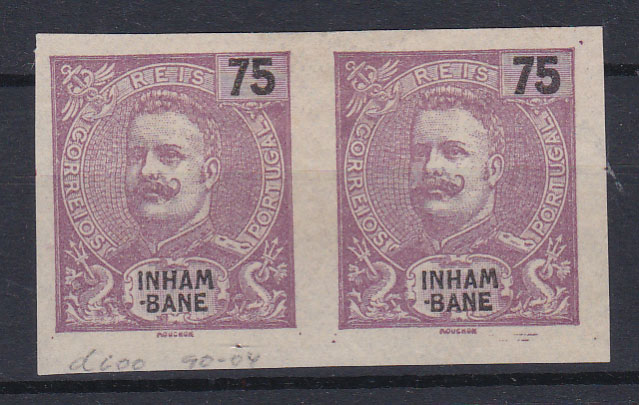 0630.jpg -     Lote:    630            Inhambane       Descrição:         1903 &mdash; D. Carlos I Mouchon. CE23, 75 reis. Par horizontal de provas não denteadas, na cor e papel aprovados.        PRV       Valor Base:     &euro; 12,00     Valor Venda:     &euro; 12,00       