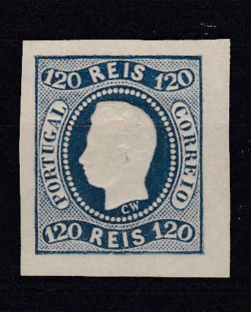 0632.jpg -     Lote:    632            Portugal       Descrição:         1866/67 &mdash; D. Luís I. Fita curva, não denteados. CE26, 120 reis azul. FALSO ITALIANO.        ***       Valor Base:     &euro; 12,00     Valor Venda:     Retirado     