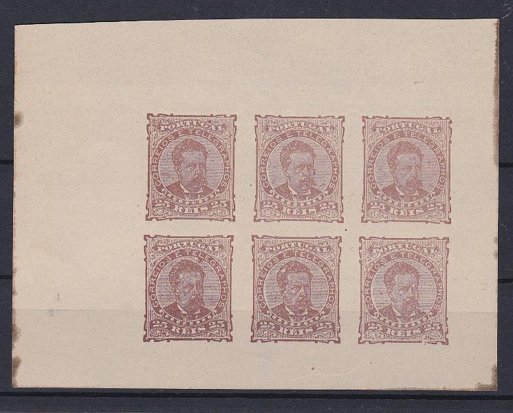 0634.jpg -     Lote:    634            Portugal       Descrição:         1882 &mdash; D. Luís I, de frente. CE57, 25 reis. Bloco de 6 selos. Falsos "Pêra de Satanás". Raro em bloco.        *       Valor Base:     &euro; 30,00     Valor Venda:     &euro; 30,00       