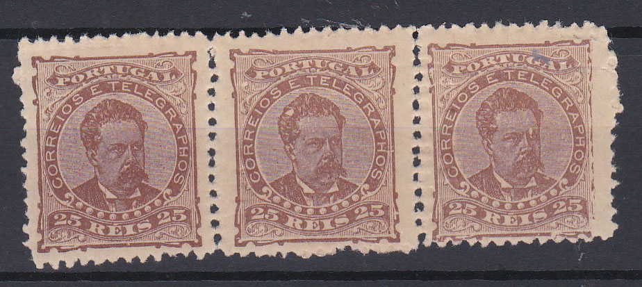 0635.jpg -     Lote:    635            Portugal       Descrição:         1882/83 &mdash; D. Luís I. De frente. CE57, 25 reis. Tira horizontal de 3 selos falsos do falsificador Alfredo Alves Mendes, também conhecidos por "PERA DE SATANÁS".        *       Valor Base:     &euro; 20,00     Valor Venda:     &euro; 22,00       