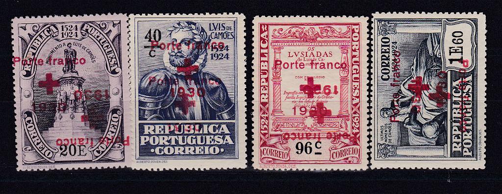 0681.jpg -     Lote:    681            Portugal       Descrição:         1930 &mdash; Porte Franco. Cruz Vermelha Portuguesa * 4.º Centenário do Nascimento de Luís de Camões, com sobrecarga. Lote com 4 selos: CE CVP23 com dupla sobrecarga, CVP25, CVP26 e CVP28 todos com dupla sobrecarga, uma delas invertida.        ***       Valor Base:     &euro; 15,00     Valor Venda:     &euro; 16,00       