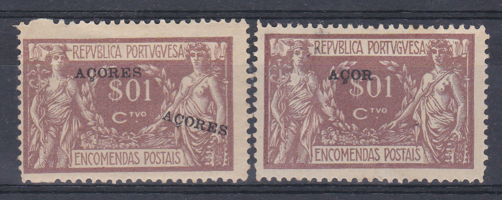 0686.jpg -     Lote:    686            Açores       Descrição:         192&frac12;3 &mdash; Encomendas Postais * Comércio e Indústria. Selos do Continente com sobrecarga AÇORES. CE EP1, $01. Lote de dois selos: um com dupla sobrecarga e outro com a sobrecarga incompleta "AÇOR".        **       Valor Base:     &euro; 6,00     Valor Venda:     Retirado     