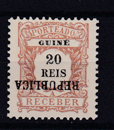 0695.jpg -     Lote:    695            Guiné       Descrição:         1919 &mdash; Porteado. Emissão regular, com sobrecarga REPUBLICA, tipografada localmente. CE POR22, 20 reis. Selo com a sobrecarga invertida.        *       Valor Base:     &euro; 10,00     Valor Venda:     &euro; 12,00       