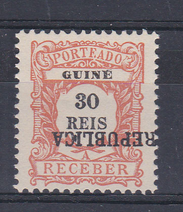 0697.jpg -     Lote:    697            Guiné       Descrição:         1919 &mdash; Porteado. Emissão regular, com sobrecarga REPUBLICA, tipografada localmente. CE POR23, 30 reis. Selo com a sobrecarga invertida e deslocada.        *       Valor Base:     &euro; 10,00     Valor Venda:     Retirado     
