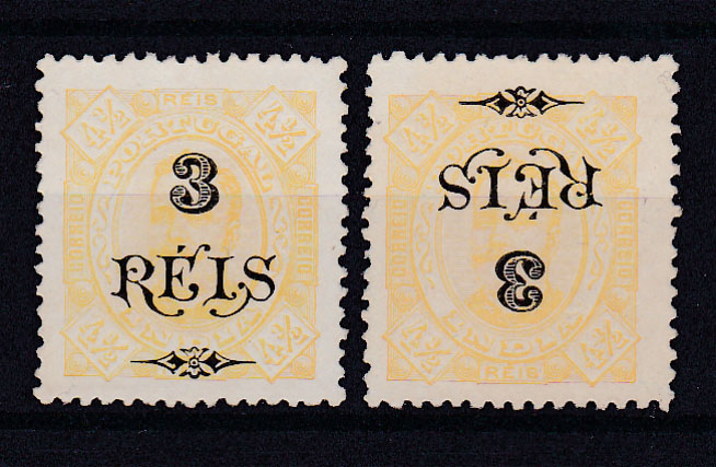 0698.jpg -     Lote:    698            Índia       Descrição:         1902 &mdash; D. Carlos I, tipo Diogo neto, com sobretaxa. CE 177, 3 reis s/ 4 &frac12; reis amarelo. Selo com a sobretaxa invertida. Acompanha selo normal. Valor de catálogo &euro; 40,00.        *       Valor Base:     &euro; 20,00     Valor Venda:     Retirado     