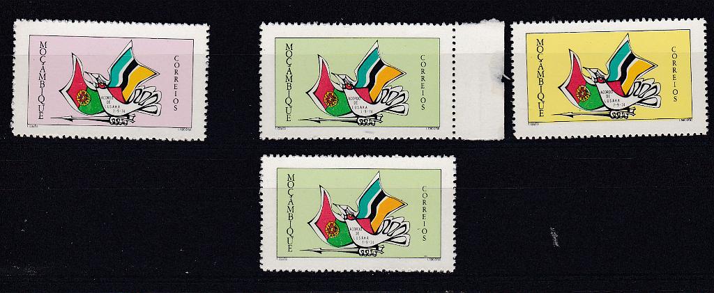 0714.jpg -     Lote:    714            Moçambique       Descrição:         1975 &mdash; Acordo de Lusaka. CE535/36 e 538. Lote de quatro selos em amarelo, rosa e verde-amarelo, sem impressão do valor.        ***       Valor Base:     &euro; 12,00     Valor Venda:     Retirado     