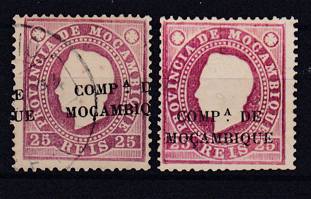 0721.jpg -     Lote:    721            Companhia de Moçambique       Descrição:         1892 &mdash; D. Luís I, fita direita. Selos de Moçambique, com sobrecarga "COMPª DE MOÇAMBIQUE. CE4, 25 reis. Lote de dois selos, em papel porcelana, denteado 13 &frac12;, um com impressão deslocada da sobrecarga e outro com sobrecarga deslocada para baixo.        */O       Valor Base:     &euro; 6,00     Valor Venda:     &euro; 12,00       