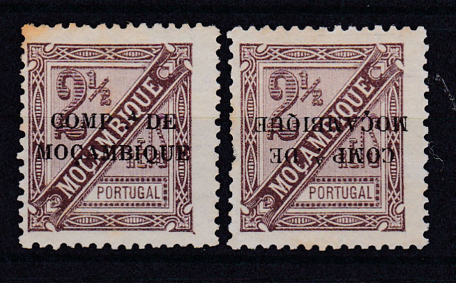 0723.jpg -     Lote:    723            Companhia de Moçambique       Descrição:         1894 &mdash; D. Carlos I. Selos de Moçambique, com sobrecarga "COMPª DE MOÇAMBIQUE. CE10, 2 &frac12; reis castanho. Lote de dois selos: um com a sobrecarga invertida e outro com "ª" de "COMP.ª" deslocado.        *       Valor Base:     &euro; 8,00     Valor Venda:     &euro; 80,00       