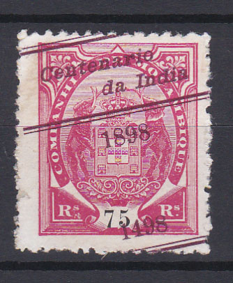 0725.jpg -     Lote:    725            Companhia de Moçambique       Descrição:         1898 &mdash; 4.º Centenário do Descobrimento do Caminho Marítimo para a Índia. Selos tipo "Elefantes" com sobrecarga. CE36, 75 reis. Selo com sobrecarga deslocada e inclinada.        *       Valor Base:     &euro; 6,00     Valor Venda:     &euro; 6,00       