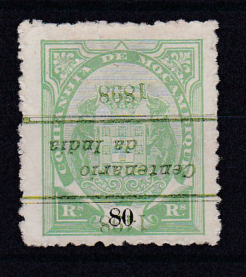 0726.jpg -     Lote:    726            Companhia de Moçambique       Descrição:         1898 &mdash; 4.º Centenário do Descobrimento do Caminho Marítimo para a Índia. Selos tipo "Elefantes" com sobrecarga. CE37, 80 reis. Selo com sobrecarga invertida. Não catalogada.        *       Valor Base:     &euro; 12,00     Valor Venda:     &euro; 32,00       