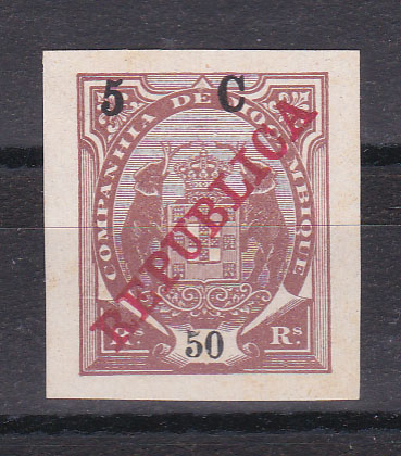 0729.jpg -     Lote:    729            Companhia de Moçambique       Descrição:         1916 &mdash; Tipo Elefantes, com sobrecarga REPUBLICA e sobretaxa. CE98, 5C s/ 50 reis. Selo não denteado.        ***       Valor Base:     &euro; 5,00     Valor Venda:     Retirado     