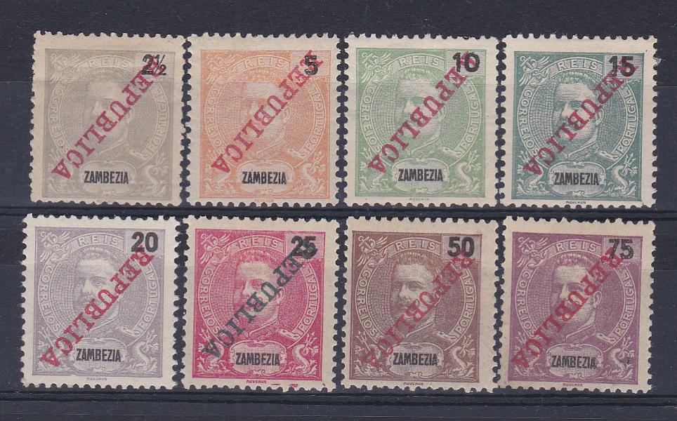 0738.jpg -     Lote:    738            Zambézia       Descrição:         1911 &mdash; D. Carlos I, Mouchon. CE 55/62. Lote de 8 selos de 2 &frac12;, 5, 10, 15, 20, 25, 50 e 75 reis. Todos com a sobrecarga invertida. Pouco vulgar.        **       Valor Base:     &euro; 50,00     Valor Venda:     &euro; 55,00       