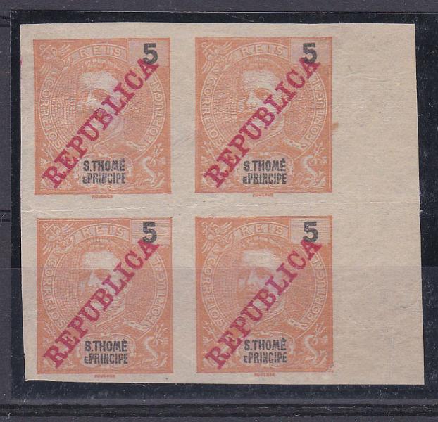 0739.jpg -     Lote:    739            S. Tomé e Príncipe       Descrição:         1911 &mdash; D. Carlos I Mouchon. CE97, 5 reis. Quadra com selos não denteados.        *       Valor Base:     &euro; 20,00     Valor Venda:     Retirado     