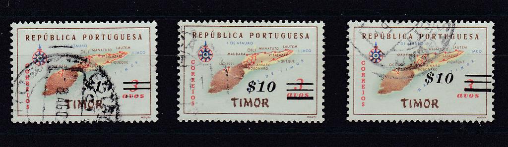0740.jpg -     Lote:    740            Timor       Descrição:         1960 &mdash; Carta Geográfica de Timor, com sobretaxa. CE306, $10 s/ 3 avos. Lote de três selos: um sem a impressão da barra inferior a anular a taxa primitiva e outro com a sobretaxa deslocada.        O       Valor Base:     &euro; 8,00     Valor Venda:     Retirado     