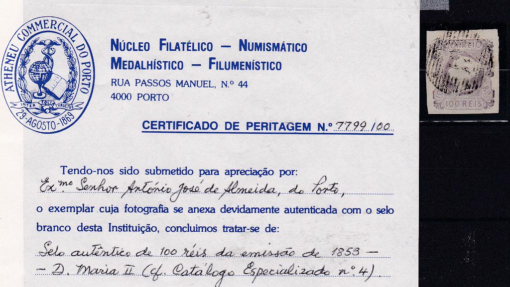 0742.jpg -     Lote:    742            Portugal       Descrição:         1853 &mdash; D. Maria II. CE4, 100 reis, lilás, com boas margens. Certificado de Peritagem do NFACP. Valor de catálogo &euro; 3.500,00.        O       Valor Base:     &euro; 500,00     Valor Venda:     &euro; 500,00       