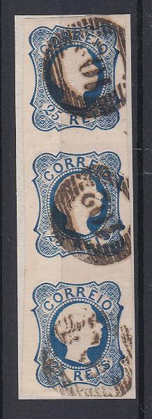 0743.jpg -     Lote:    743            Portugal       Descrição:         1855/56 &mdash; D. Pedro V. Cabelos lisos. CE6, 25 reis. Tira vertical com 3 selos, com carimbo de 20 barras "102". Margens largas. MB e R.        O       Valor Base:     &euro; 25,00     Valor Venda:     &euro; 32,00       