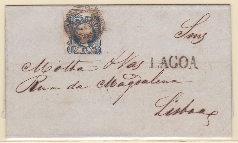 0744.jpg -     Lote:    744            Portugal       Descrição:         1856/58 &mdash; D. Pedro V. Cabelos lisos. CE6, 25 reis, cunho I, com duas margens de luxo em carta circulada de Lagoa (17.03.55) para Lisboa (18.03.55), obliterado com carimbo da 1.ª reforma de 20 barras "212" e marca nominativa a sépia "LAGOA". MB.        Carta       Valor Base:     &euro; 15,00     Valor Venda:     &euro; 15,00       