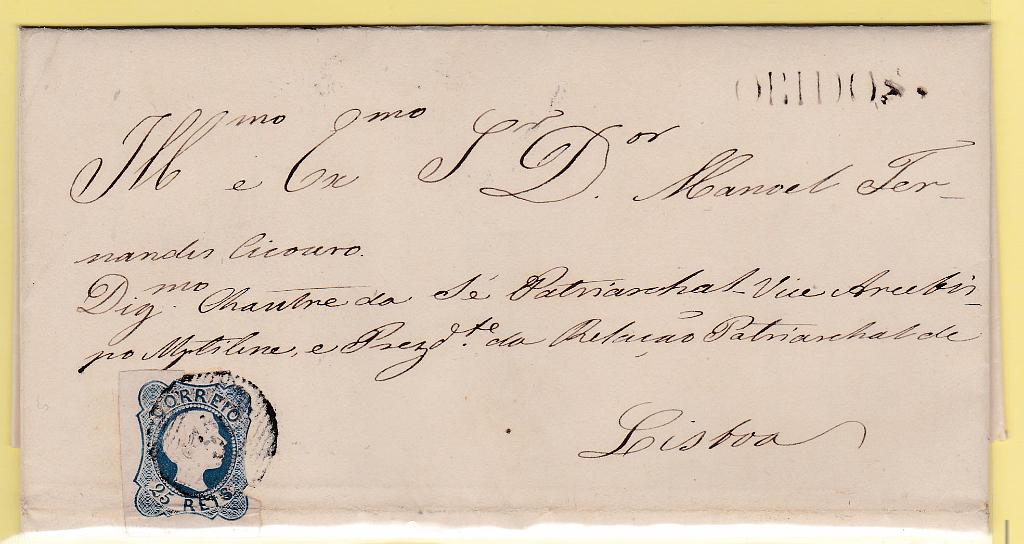 0745.jpg -     Lote:    745            Portugal       Descrição:         1855/56. D. Pedro. Cabelos lisos. CE6, 25 reis. Selo com boas margens em carta circulada de Sobral da Lagoa (18.11.55) para Lisboa. Carimbos batidos a preto "31 &mdash; tipo 20 barras" e "OBIDOS", Carimbo numérico da 1.ª reforma com raridade "5". MR.        Carta       Valor Base:     &euro; 25,00     Valor Venda:     Retirado     