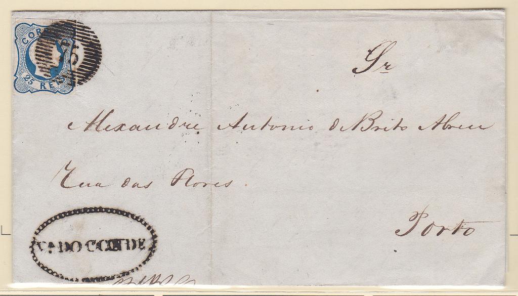 0750.jpg -     Lote:    750            Portugal       Descrição:         1856/58 &mdash; D. Pedro V. Cabelos anelados. CE11, 25 reis linhas simples, margens curtas, em carta circulada de Vila do Conde (07.05.56) para o Porto (08.05.56), obliterados com carimbo de 20 barras "75" e nominativo a preto "V.ª do CONDE"..        Carta       Valor Base:     &euro; 30,00     Valor Venda:     Retirado     